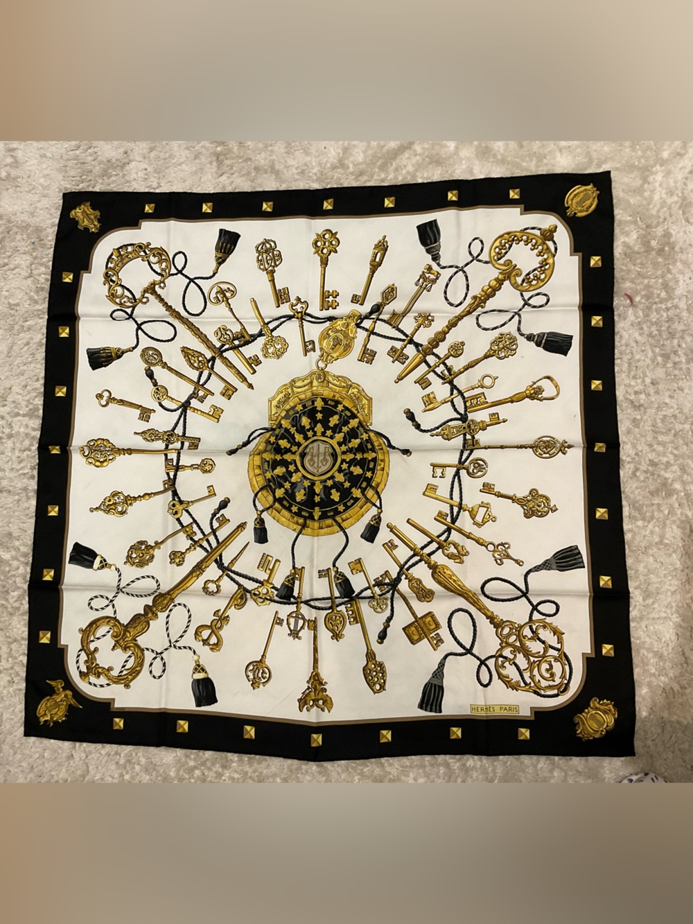 Hermes Black, White & Gold Key Motif Silk Scarf